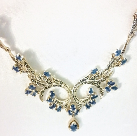 925 Genuine Blue Sapphire 28 Stones Marcasite Victorian Style Necklace 19"X5" - Picture 5 of 13